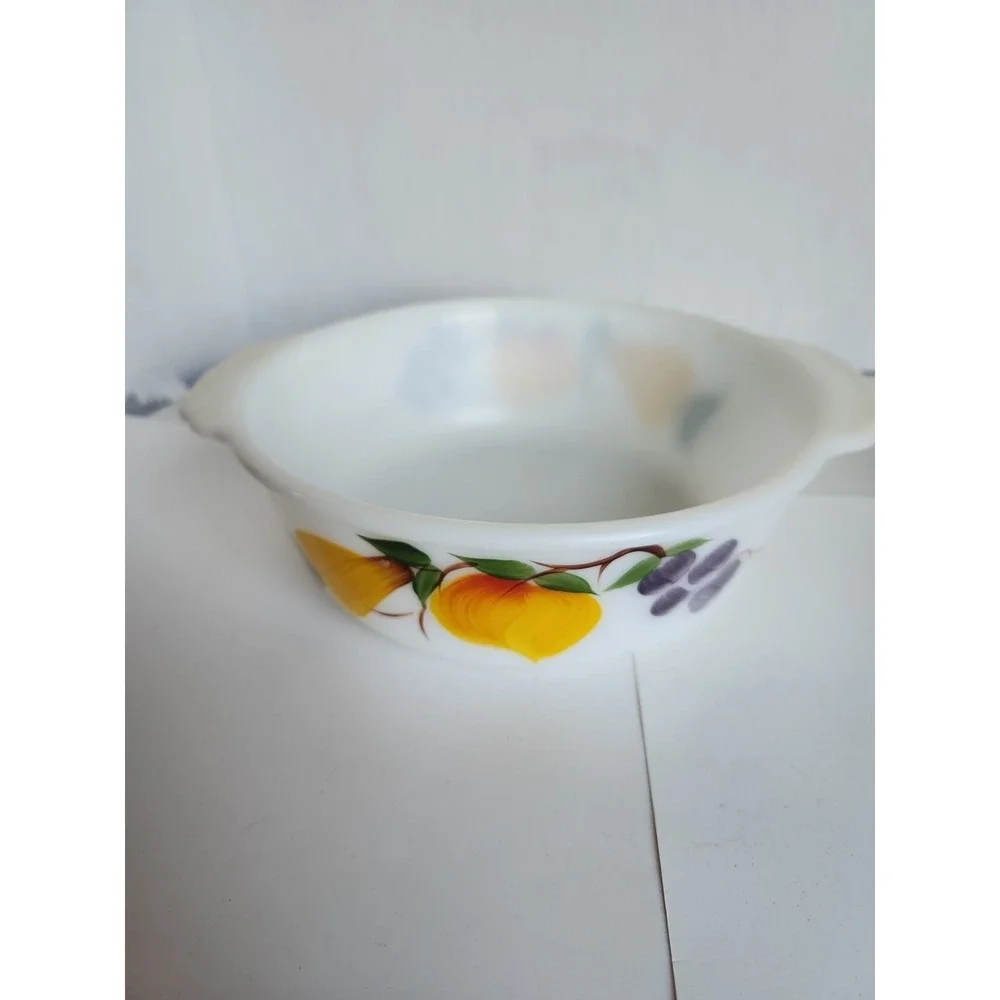 Vintage Hand Painted Fire King 1 1/2 Q Milk Glass‎ Baking Dish, Reverse Markings